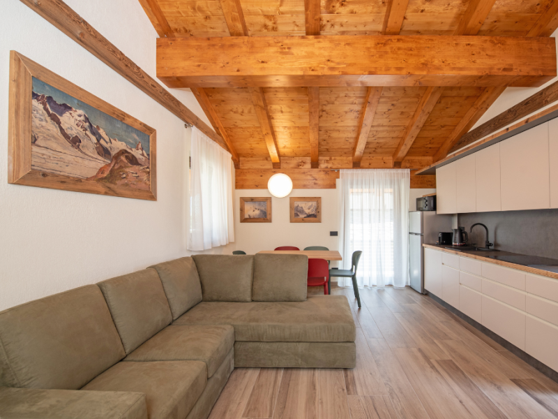Gemütliches Wohnzimmer mit moderner Küche und Holzbalkendecke.